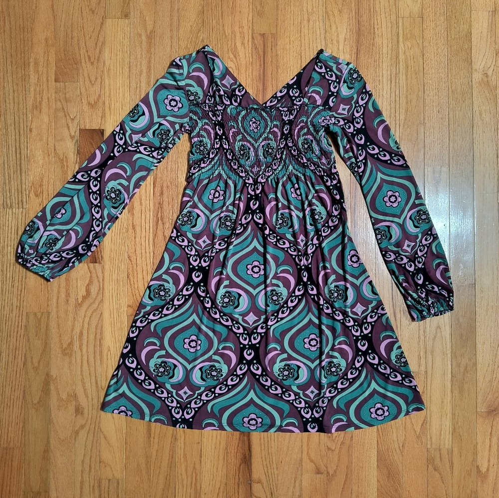 3/$10⭐ Bisou Bisou Tunic Smocked Mini Dress, Women's Medium, Purple/Teal